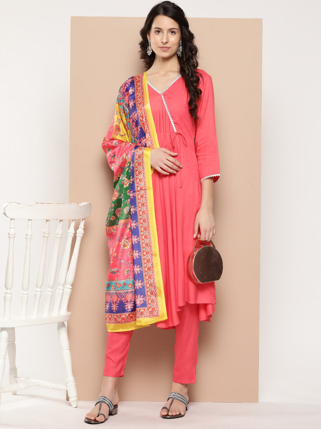InWeave Women's Camelia Gota Angrakha Kurta Set W Yellow Orange Dupatta | Grocsy