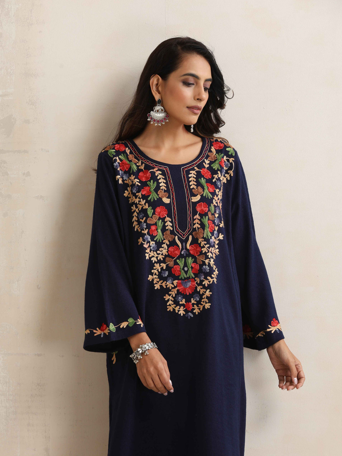 trueBrowns Blue Kashmiri Embroidered Woollen Phiran Kurta | Grocsy