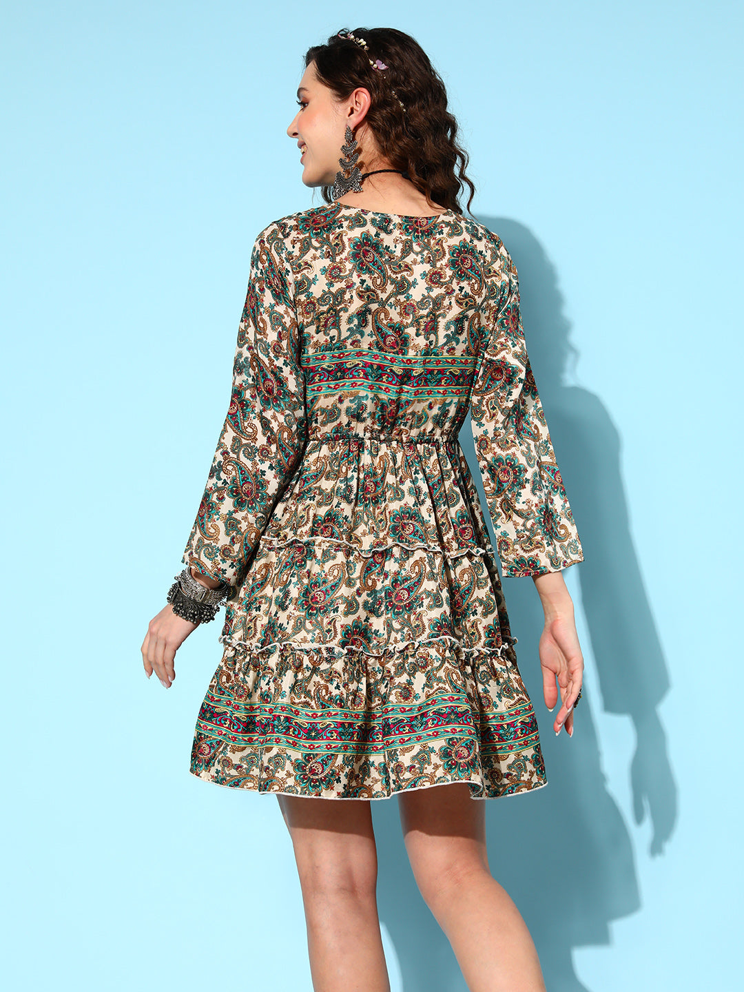 InWeave Women's Off White Green Paisley Print Tiered Dress | Grocsy