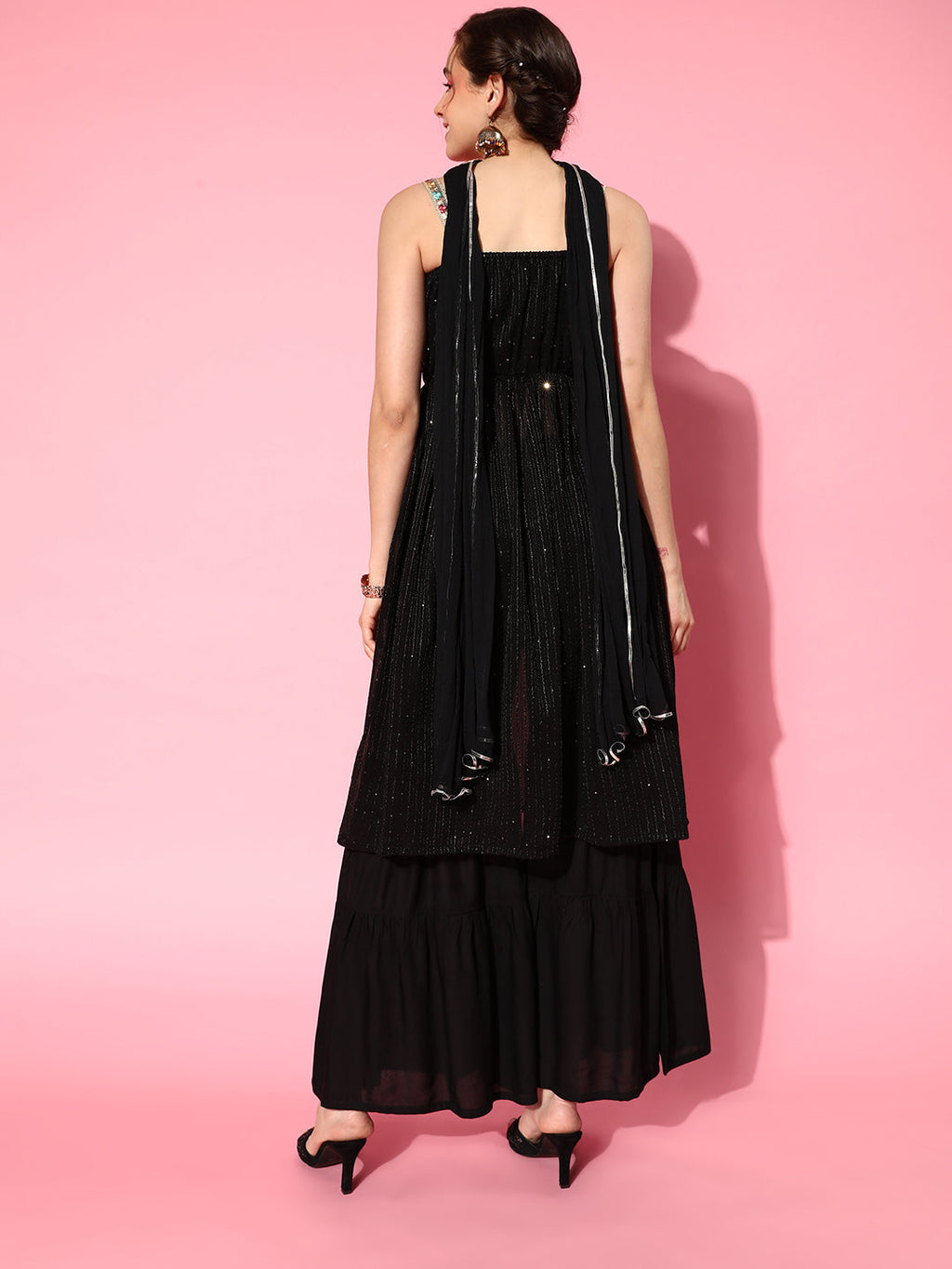 InWeave Women's Black Gota Insert Neckline Sharara Set | Grocsy