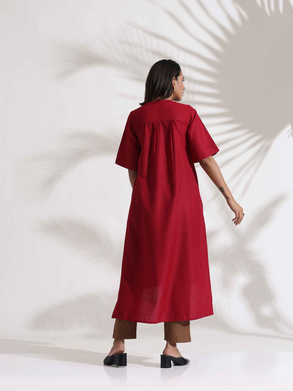trueBrowns Maroon Slub Highslit Kurta Set | Grocsy