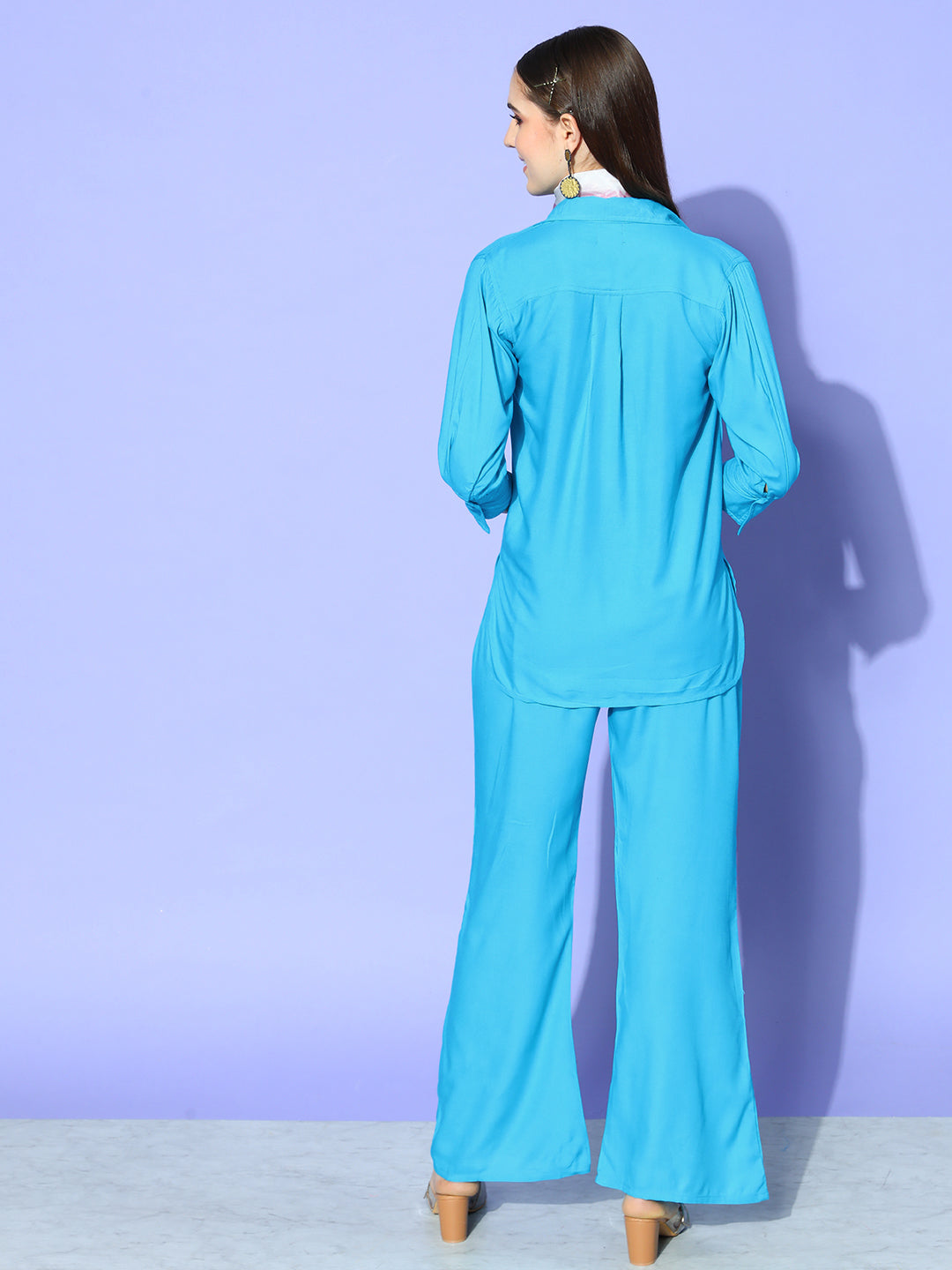 InWeave Women's Aqua Blue Coord Set With White Butterfly Scarf | Grocsy