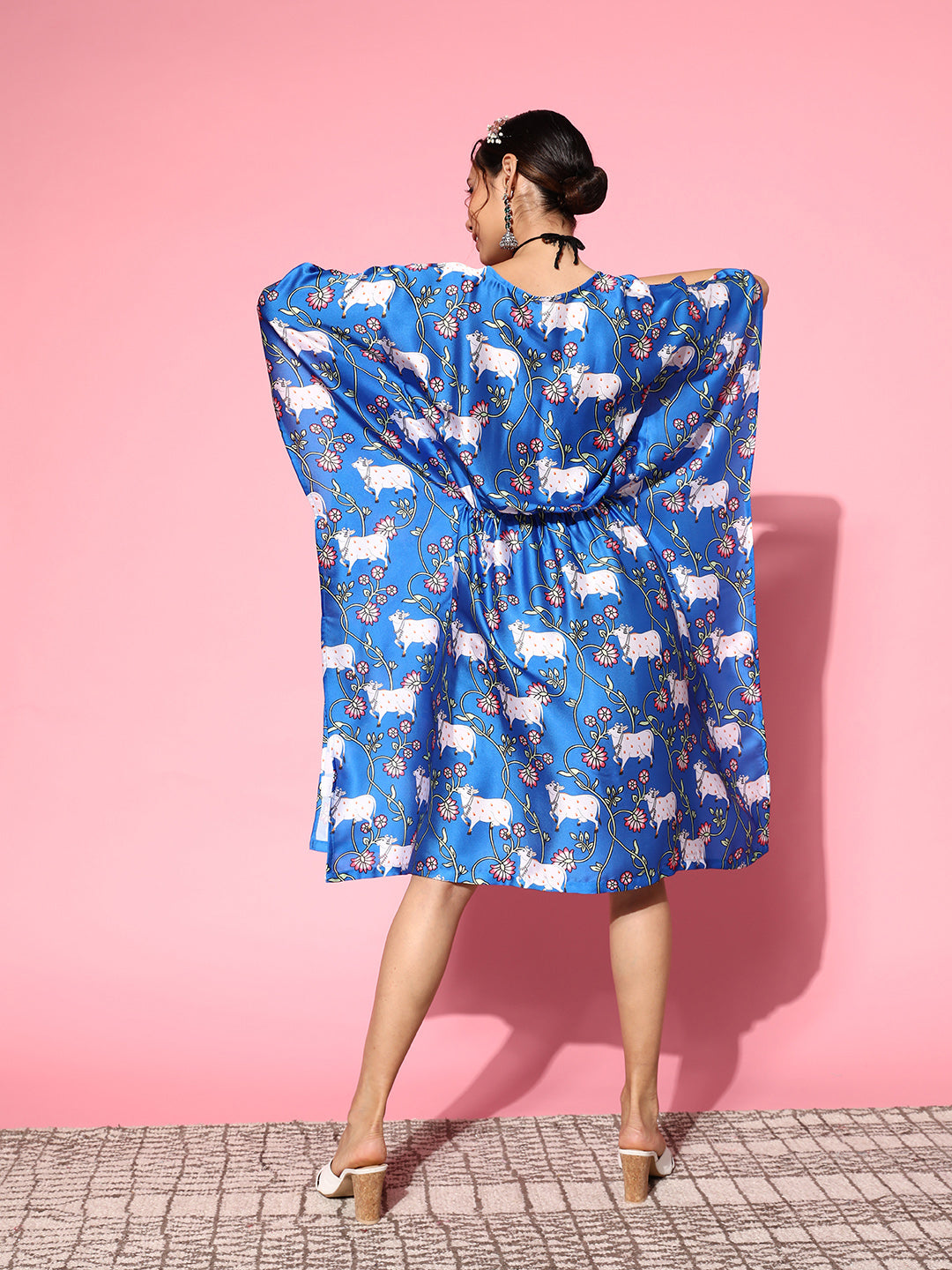 InWeave Women's Ink Blue Indian Bull Print Kaftan | Grocsy