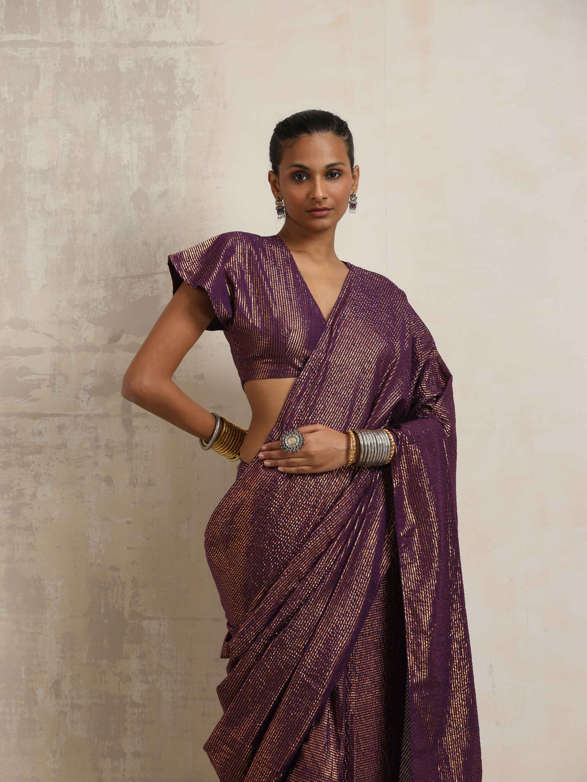 trueBrowns Purple Gold Lurex Ready To Wear Saree | Grocsy