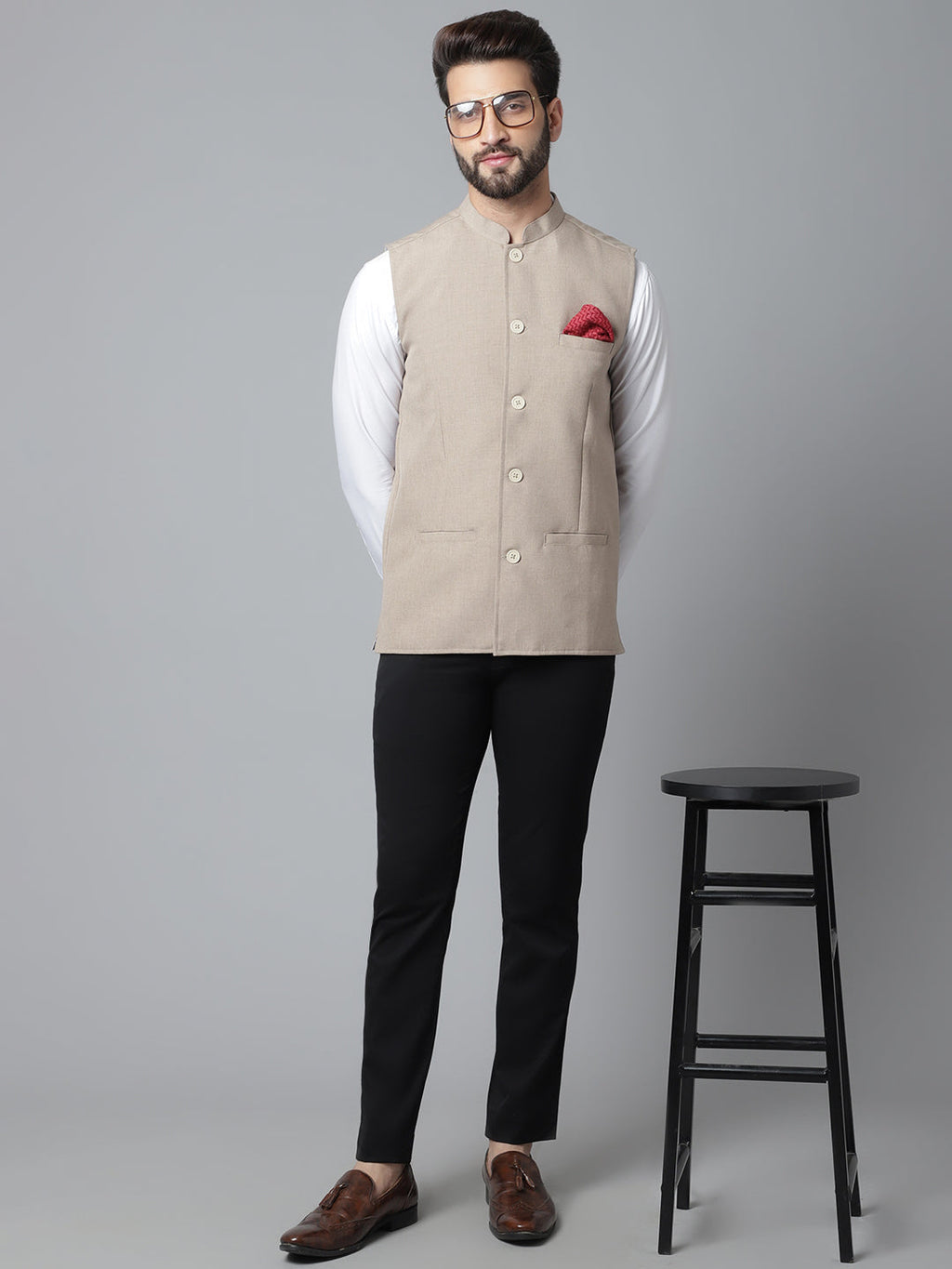 Even Apparels Men's Brown Nehru Jacket With Welt Pockets | Grocsy
