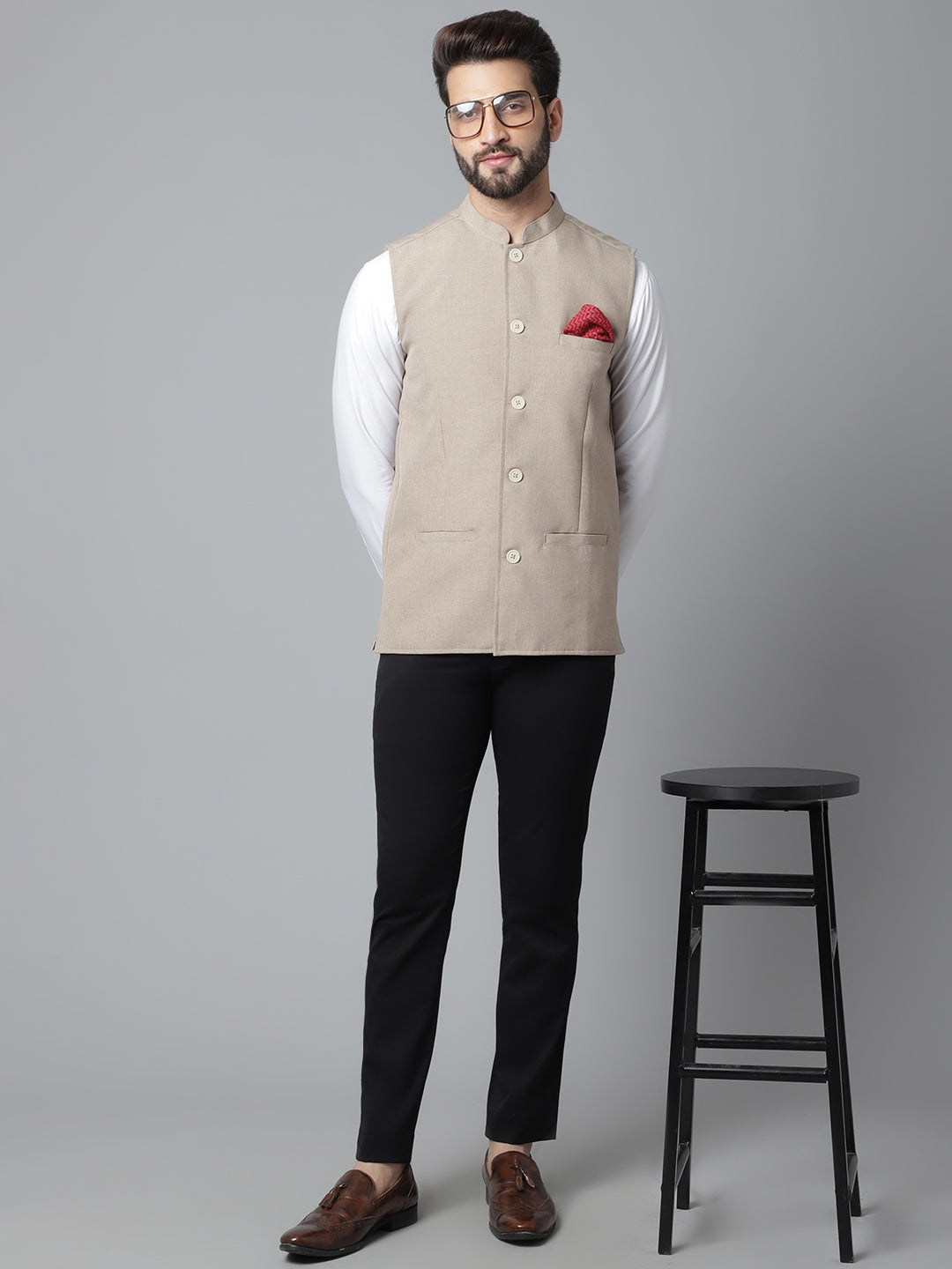 Even Apparels Men's Brown Nehru Jacket With Welt Pockets | Grocsy