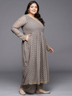 Ahalyaa Plus Size Floral Printed Zari Angrakha Kurta with Palazzos | Grocsy