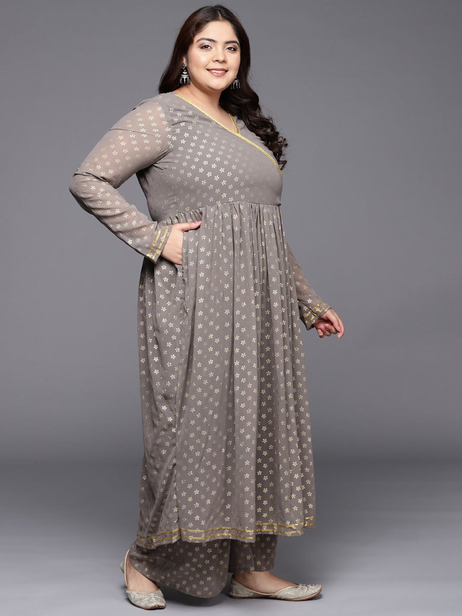 Ahalyaa Plus Size Floral Printed Zari Angrakha Kurta with Palazzos | Grocsy
