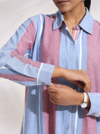 trueBrowns Blue Cotton Stripe Flared Shirt Dress | Grocsy