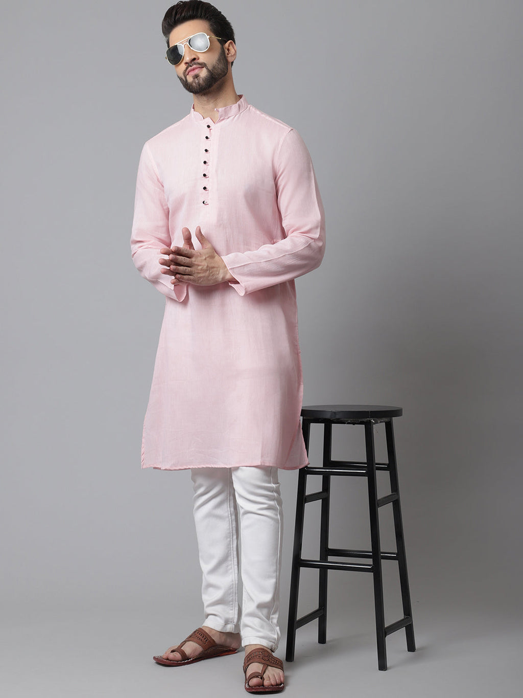 Even Apparels Pink Pure Cotton Kurta With Band Collar | Grocsy