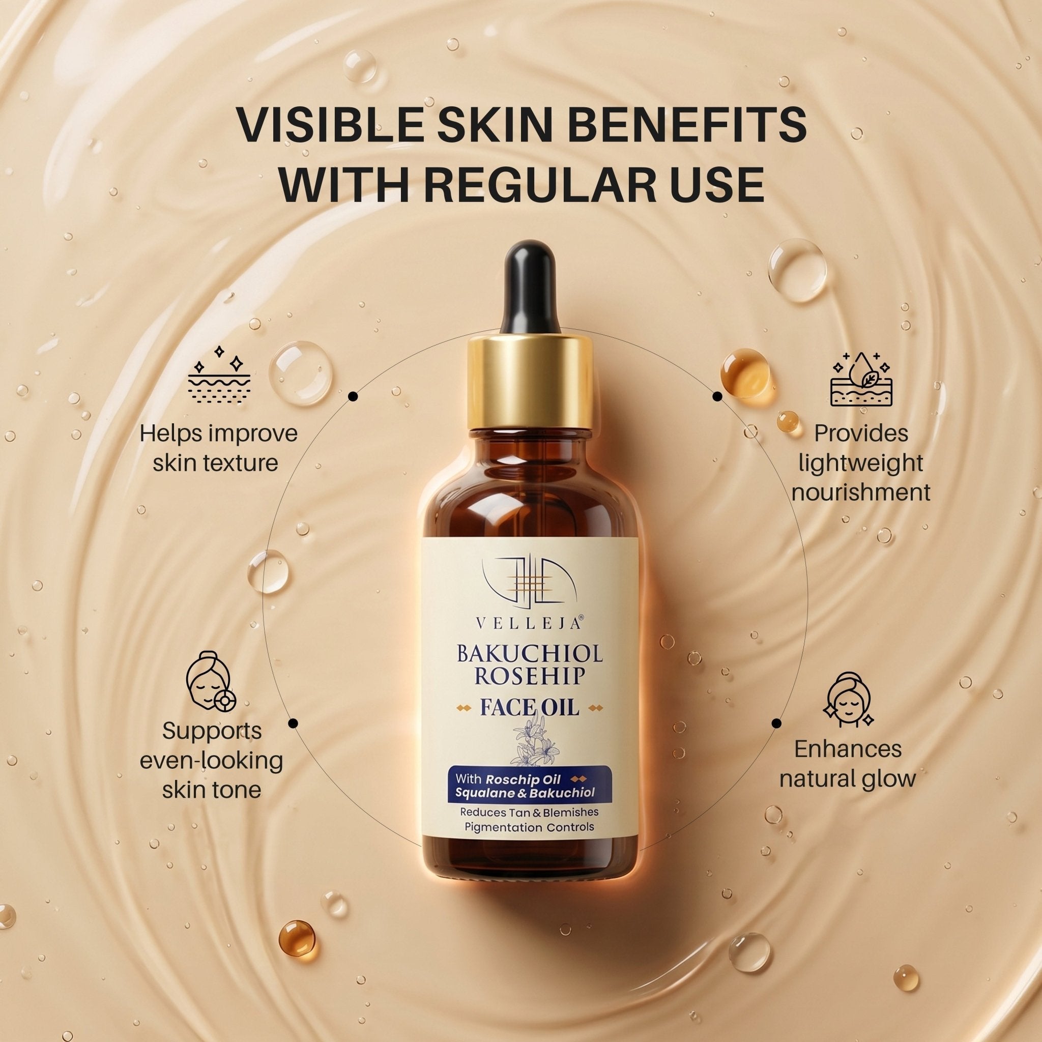 Velleja Bakuchiol Rosehip Face Oil with Squalane for Pigmentation & Dark Spots | Velleja | Grocsy