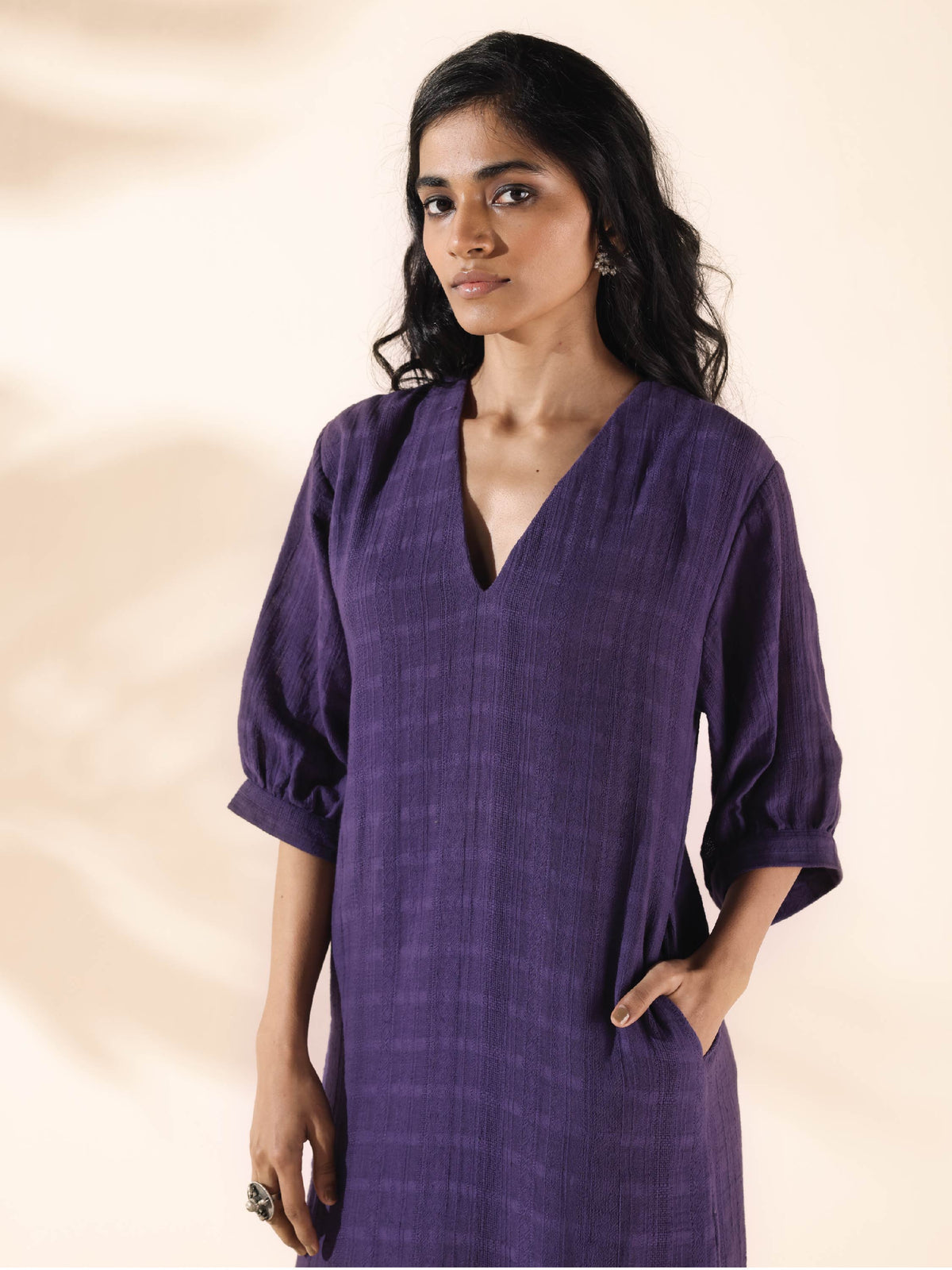 trueBrowns Purple Cotton Dobby Slit Dress | Grocsy