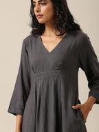 trueBrowns Slate Grey Slub Texture Overlap Pleat Kurta Pant Set | Relove | Grocsy