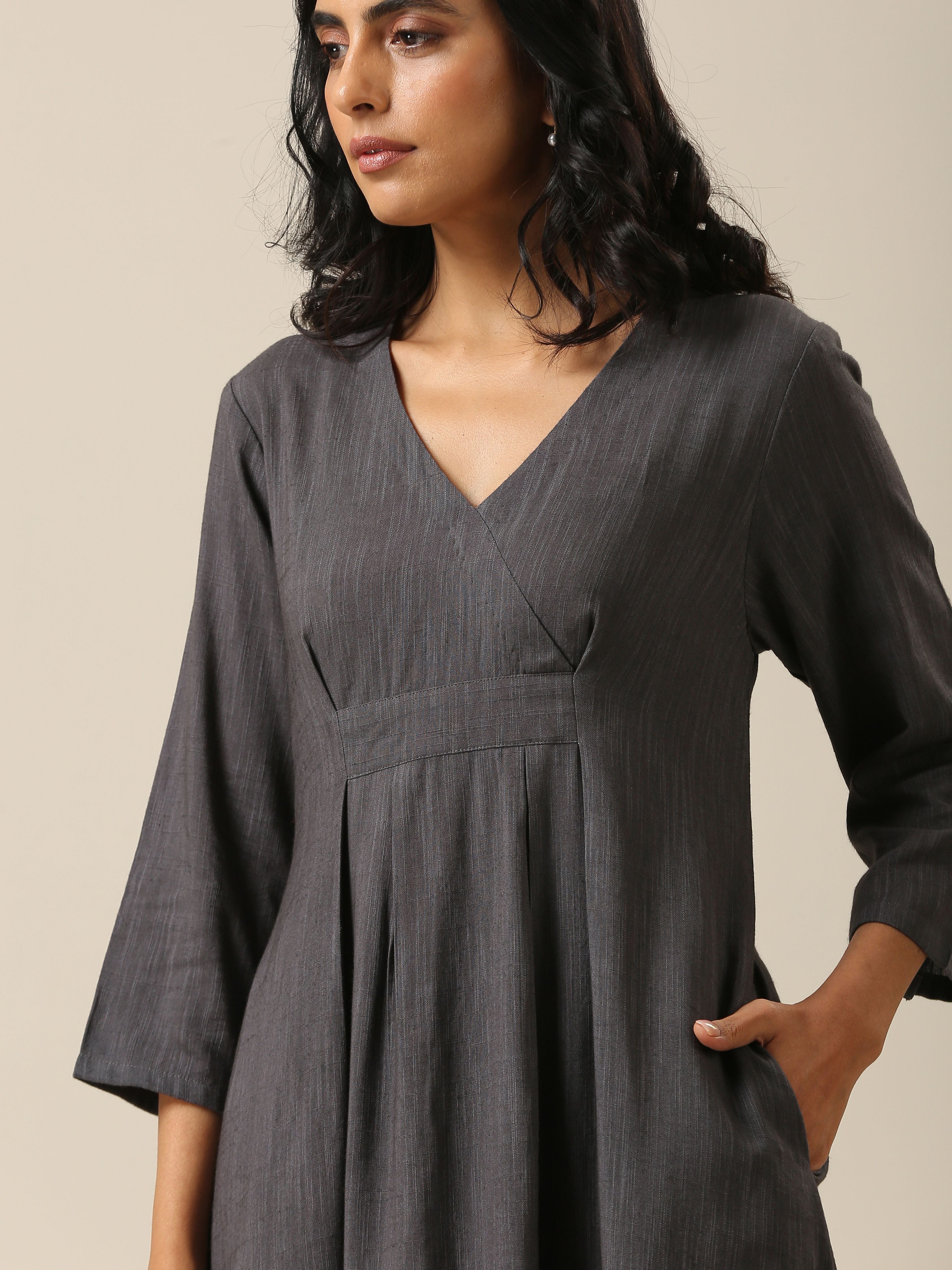 trueBrowns Slate Grey Slub Texture Overlap Pleat Kurta Pant Set | Relove | Grocsy