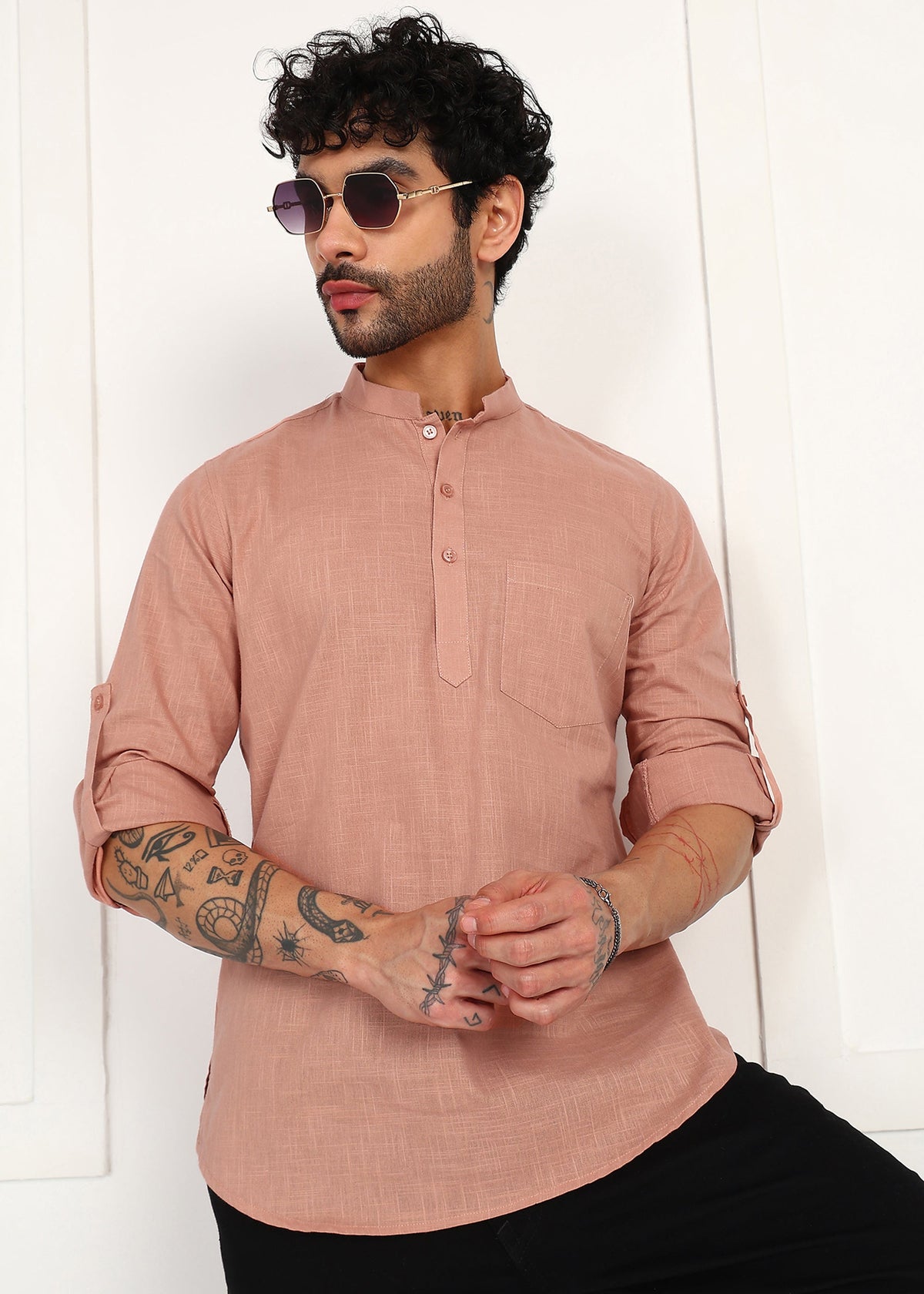 Fabmade Men’S Peach Linen Short Kurta | Grocsy
