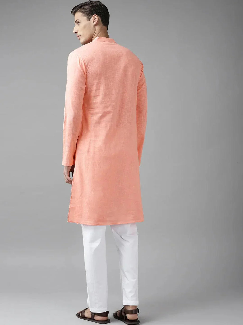 Fabmade Men Peach Cotton Linen Kurta | Grocsy