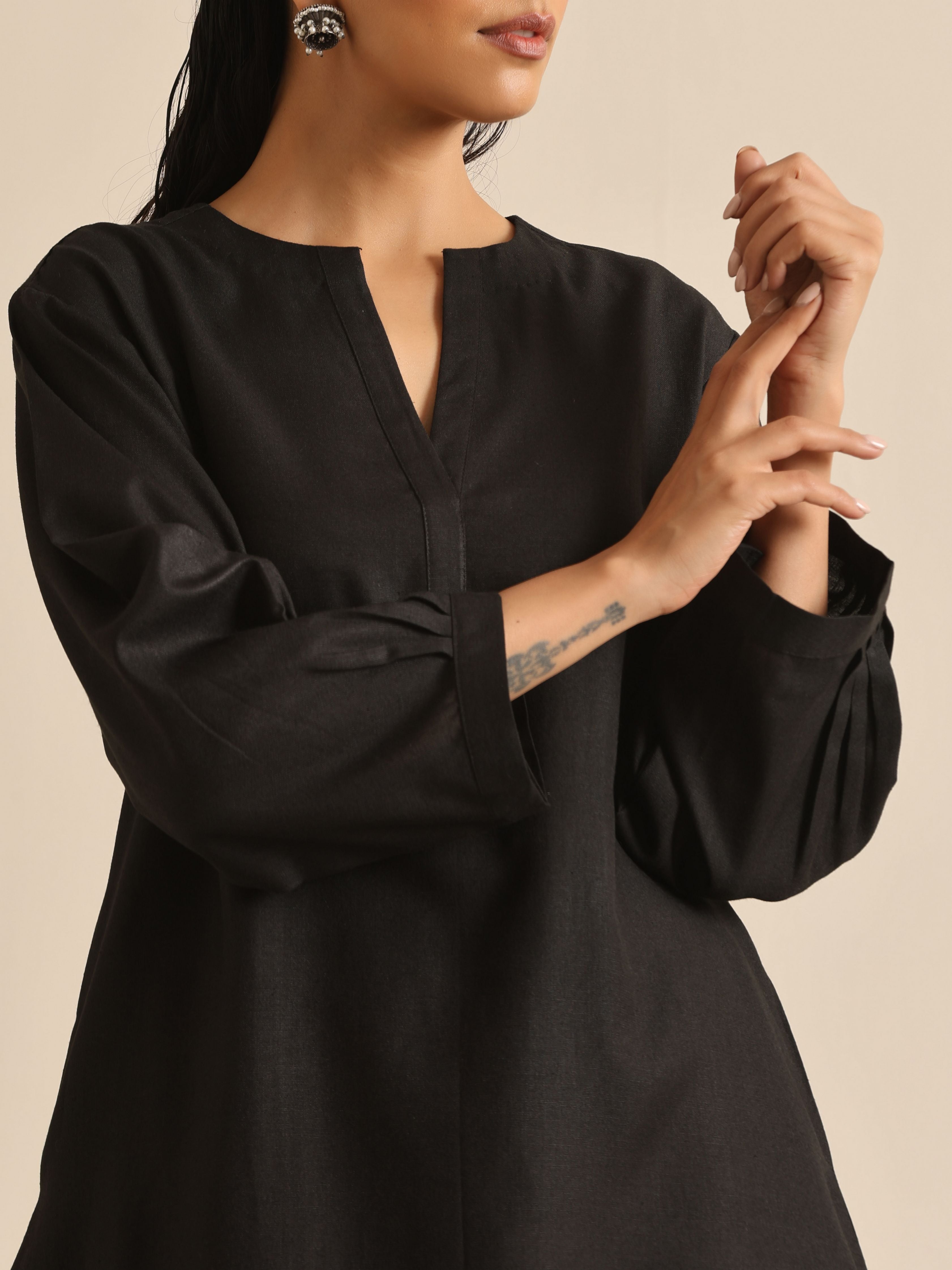 trueBrowns Black Slub Relaxed Placket Co-Ord Set | Grocsy