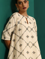 trueBrowns Ivory Rhombus Cotton Handkerchief Kurta Pant Set | Grocsy