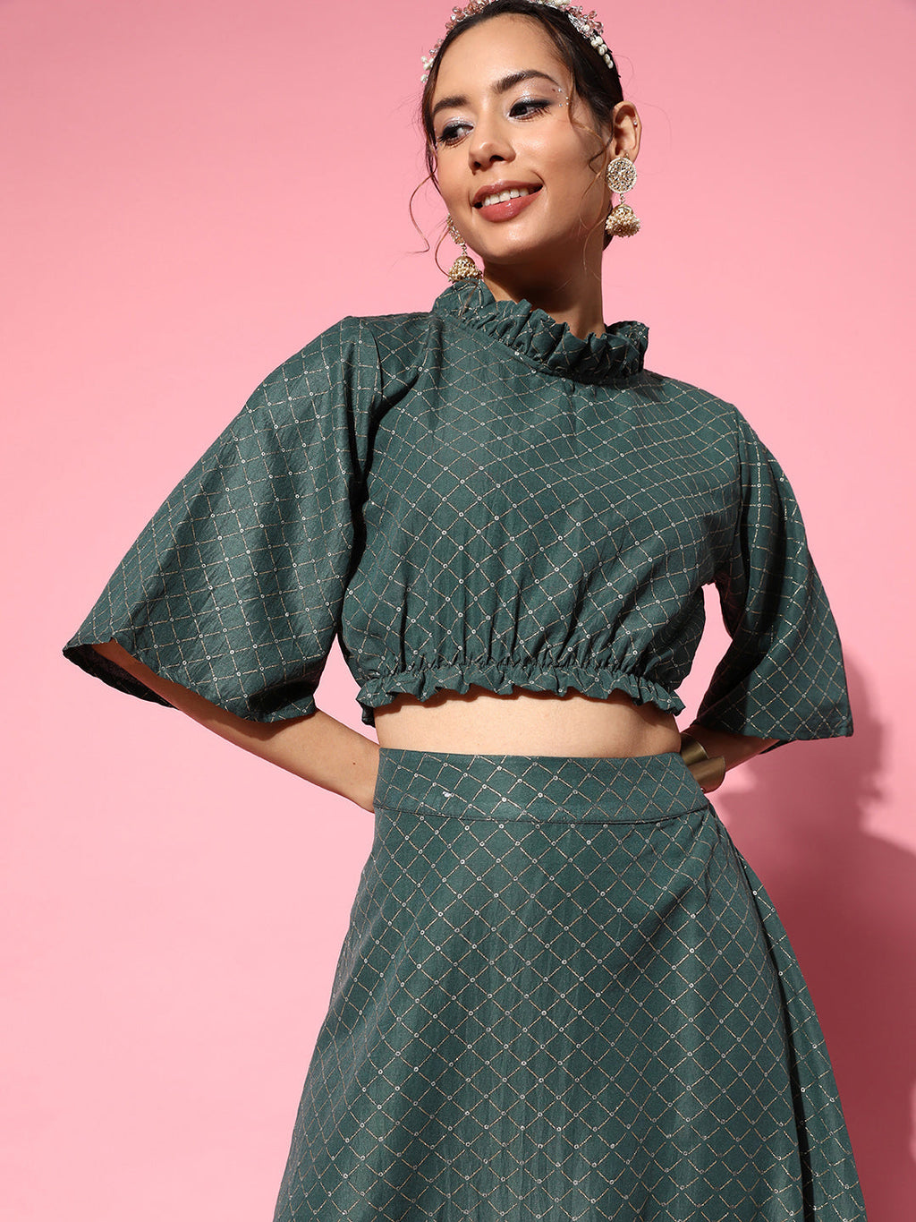 InWeave Women's Hunter Green Gold Crop Top With Side Slit Skirt | Grocsy