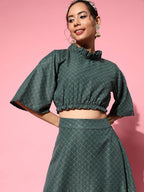 InWeave Women's Hunter Green Gold Crop Top With Side Slit Skirt | Grocsy