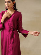 trueBrowns Purple Textured Silk Angrakha Kurta Pant Set | Grocsy