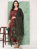 InWeave Women's Long Kurta Set Rust Ajrakh With Green Ajrakh Dupatta | Grocsy