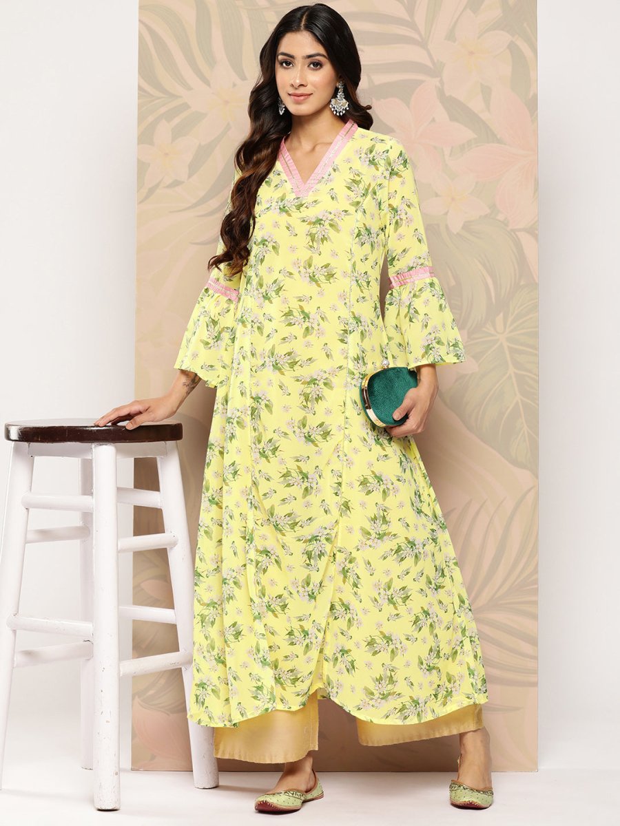 Ahalyaa Floral Printed Bell Sleeves Gotta Patti Georgette Kurta | Grocsy