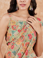 InWeave Women's Pear Green Red Floral Skirt Saree | Grocsy