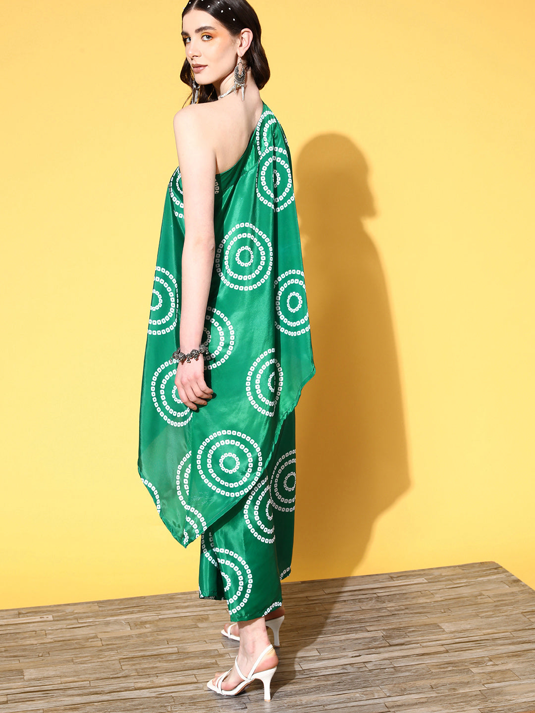InWeave Women's Green Bandhani Motif One Shoulder Palazzo Set | Grocsy