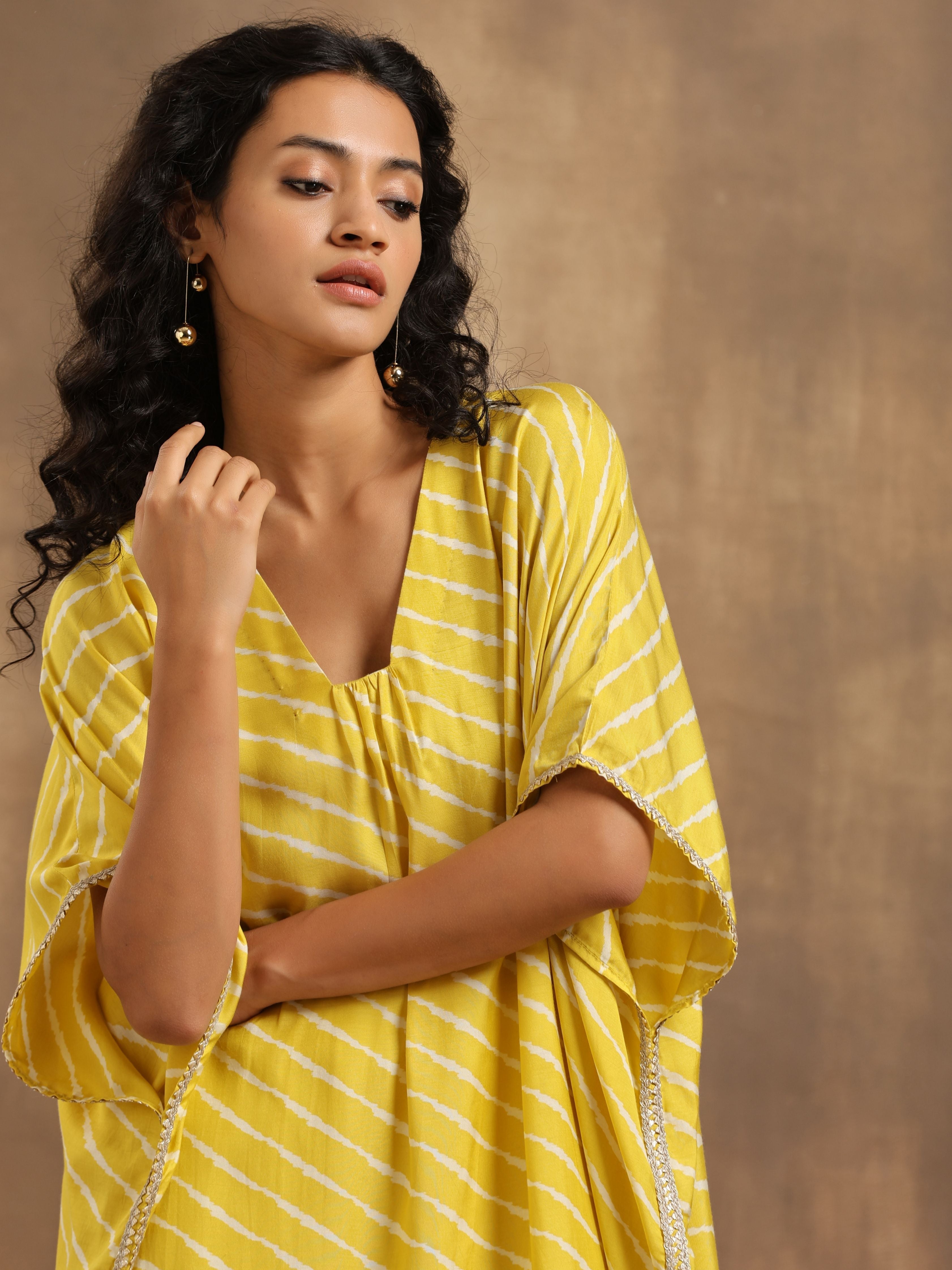 trueBrowns Lime Lehariya Printed Silk Kaftan Pant Set | Grocsy