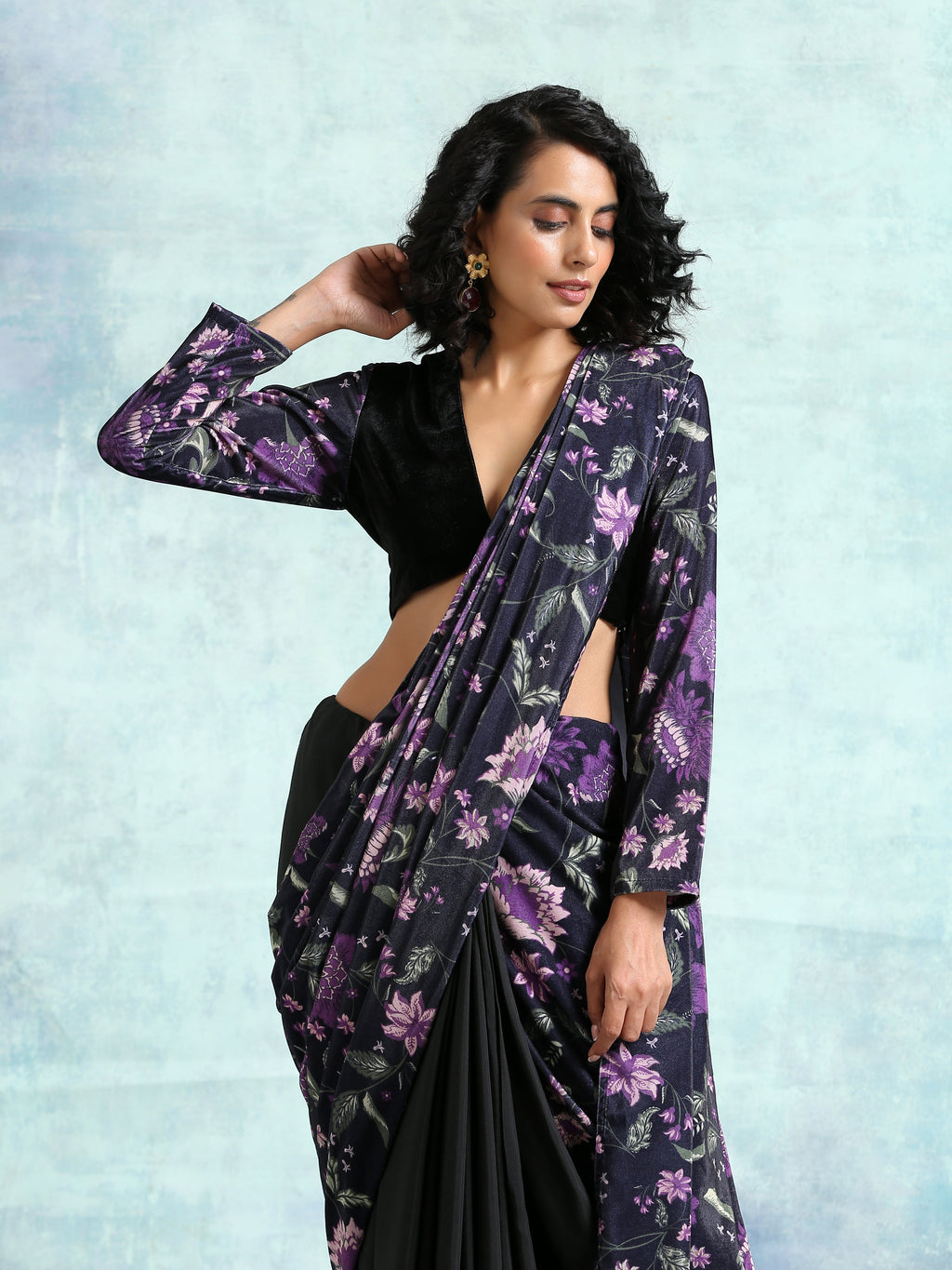 trueBrowns Black Printed Velvet Ready to Wear Saree | Grocsy