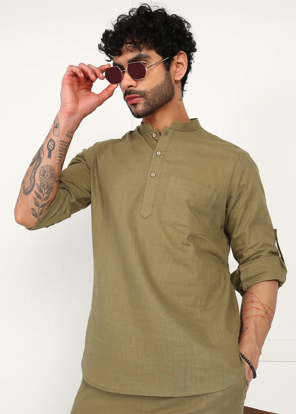 Fabmade Olive Dune Linen Short Kurta Co-Ord Set | Grocsy