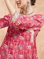 InWeave Women's Pink Patola Printed Gota Embroidered Anarkali Kurta | Grocsy
