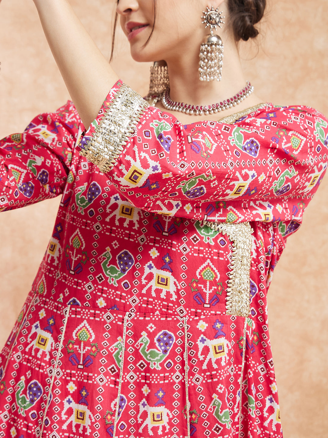 InWeave Women's Pink Patola Printed Gota Embroidered Anarkali Kurta | Grocsy
