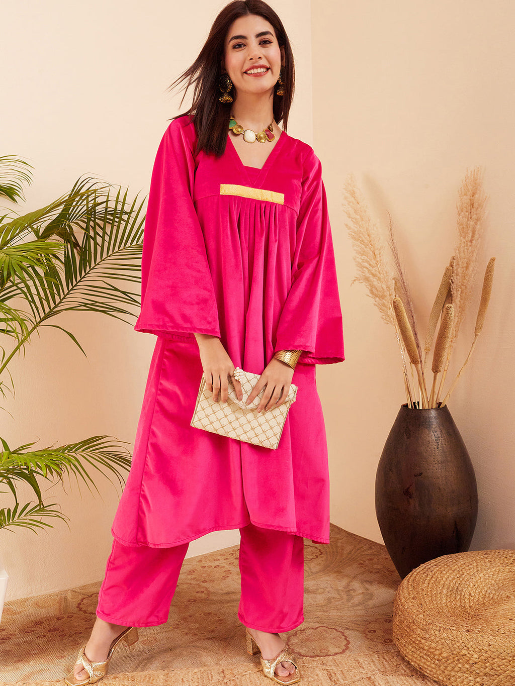 InWeave Women's Magenta V Neck Asymmetrical Pleated Velvet Kurta Set | Grocsy