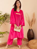 InWeave Women's Magenta V Neck Asymmetrical Pleated Velvet Kurta Set | Grocsy