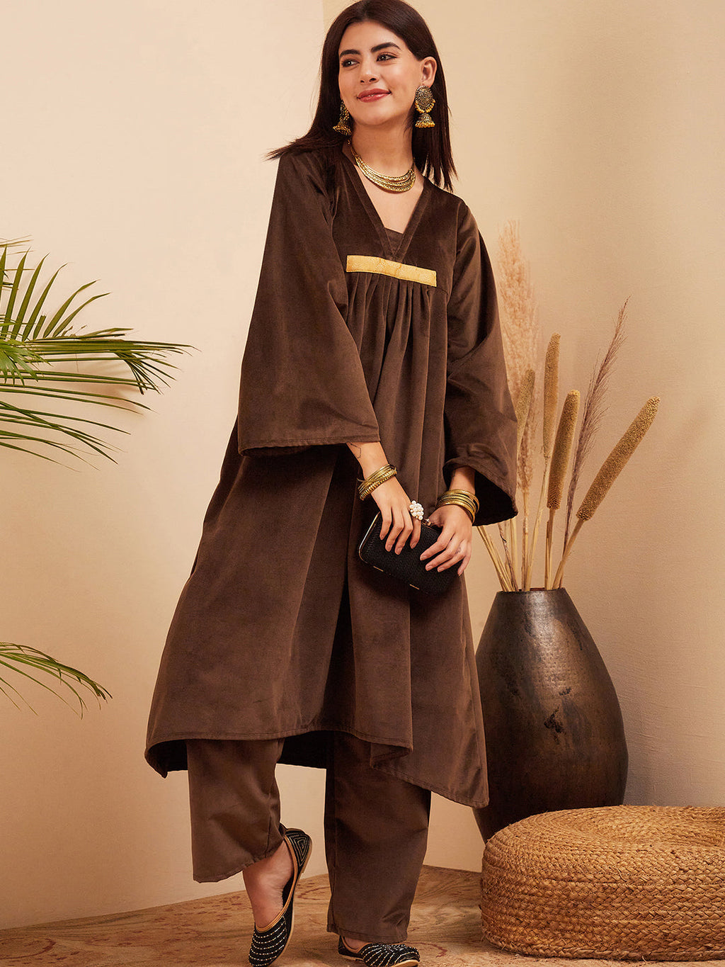 InWeave Women's Brown V Neck Asymmetrical Pleated Velvet Kurta Set | Grocsy