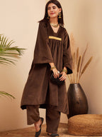 InWeave Women's Brown V Neck Asymmetrical Pleated Velvet Kurta Set | Grocsy