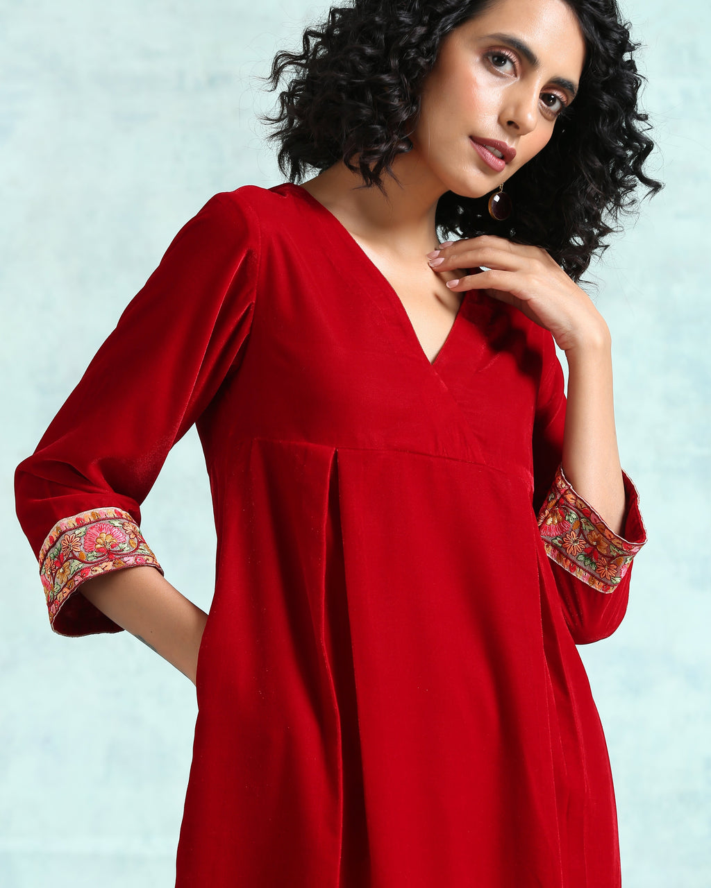 trueBrowns True Red Velvet Yoke Kurta | Grocsy