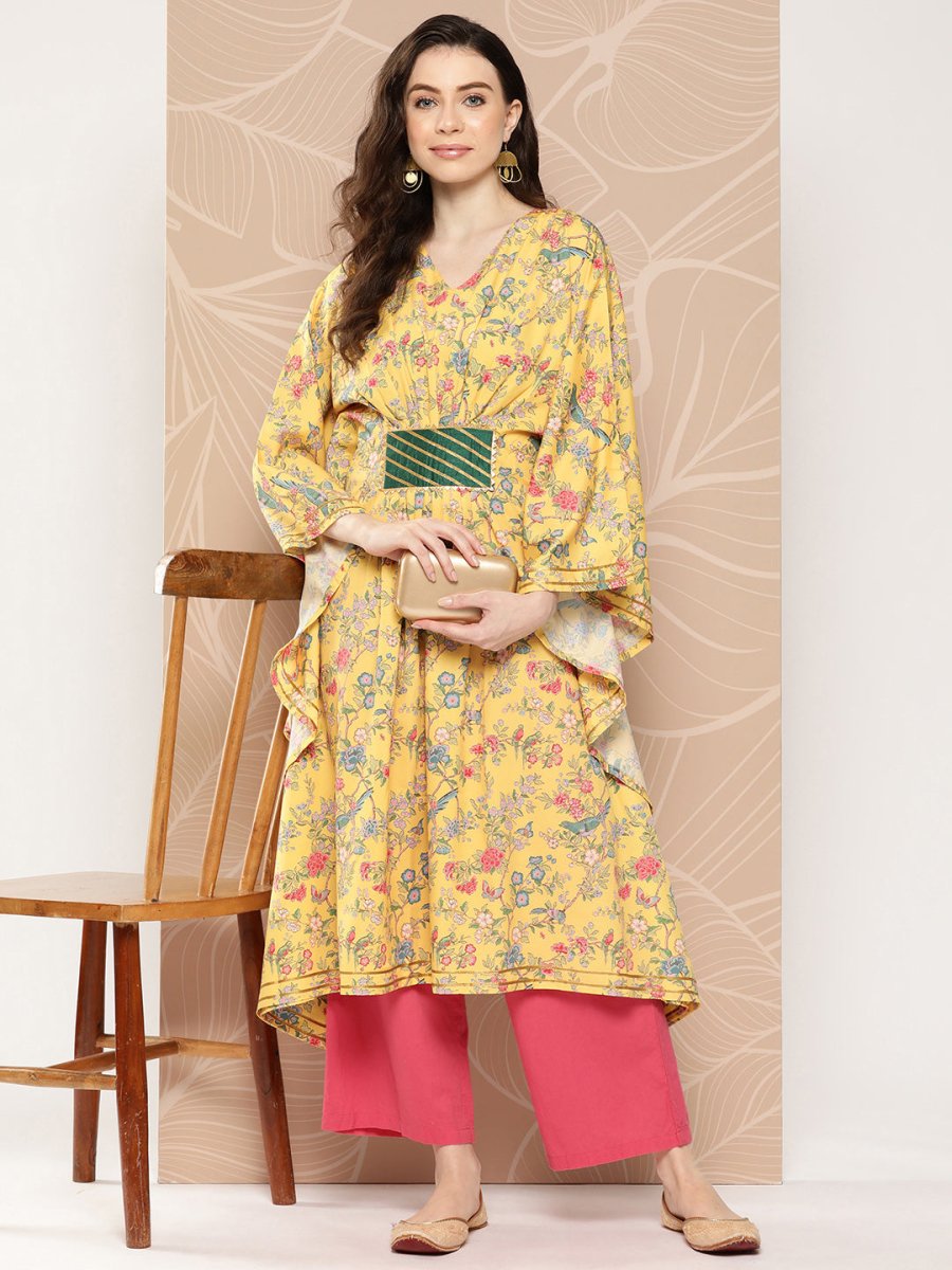 Ahalyaa Women Floral Printed Flared Sleeves Gotta Patti Floral Crepe Kaftan Kurta | Grocsy