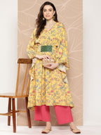 Ahalyaa Women Floral Printed Flared Sleeves Gotta Patti Floral Crepe Kaftan Kurta | Grocsy