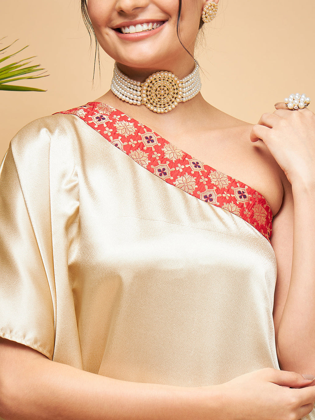 InWeave Women's Beige Red Brocade Oneshoulder Top Satin W Palazzo Set | Grocsy