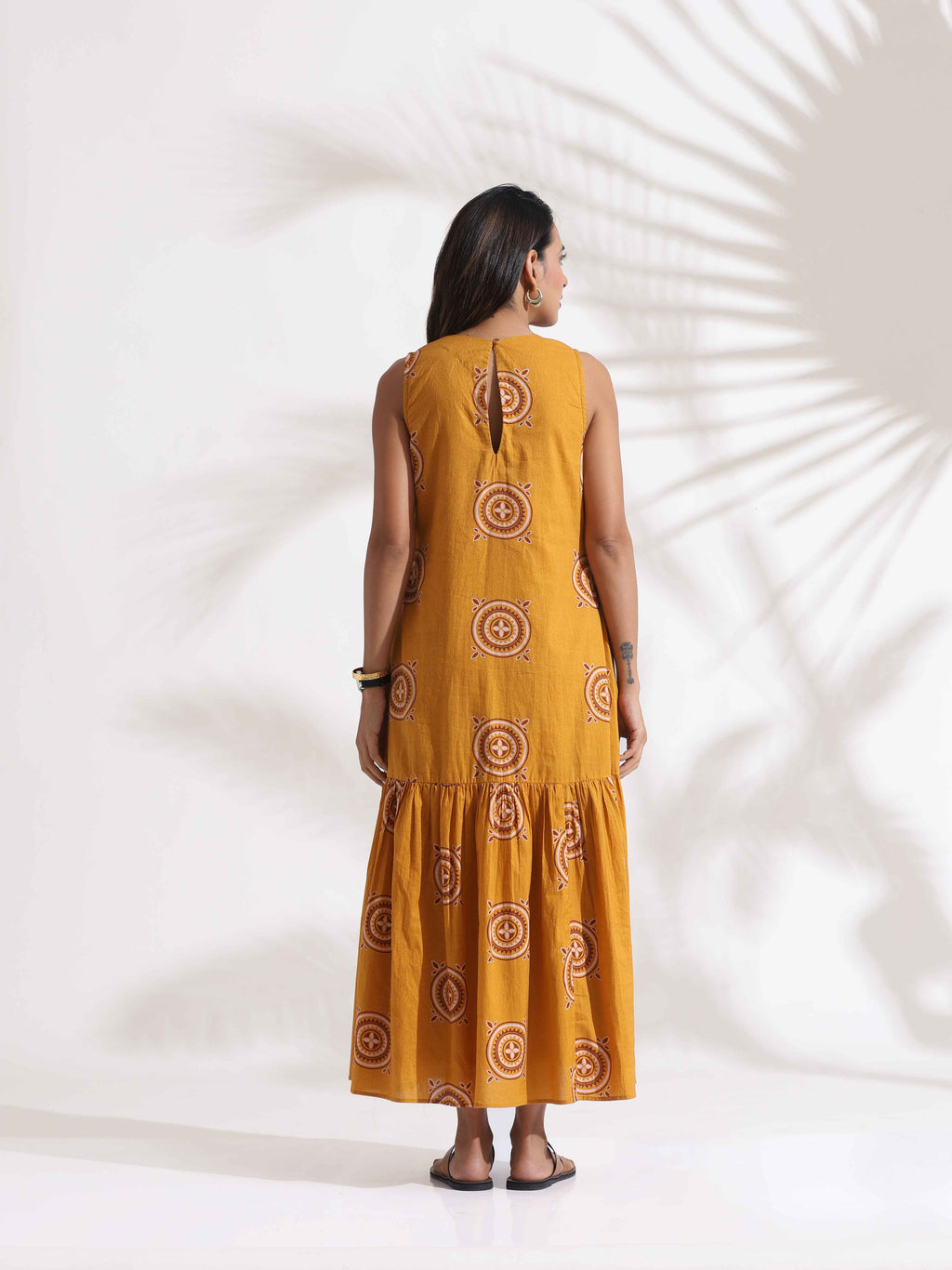 trueBrowns Mustard Cotton Print Tier Dress | Grocsy