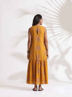 trueBrowns Mustard Cotton Print Tier Dress | Grocsy