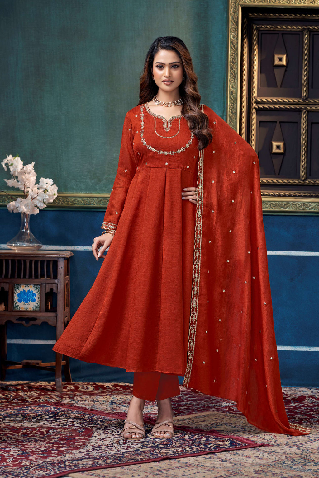 Anaita Rust Anarkali Readymade Suit with Embroidery Work | Grocsy