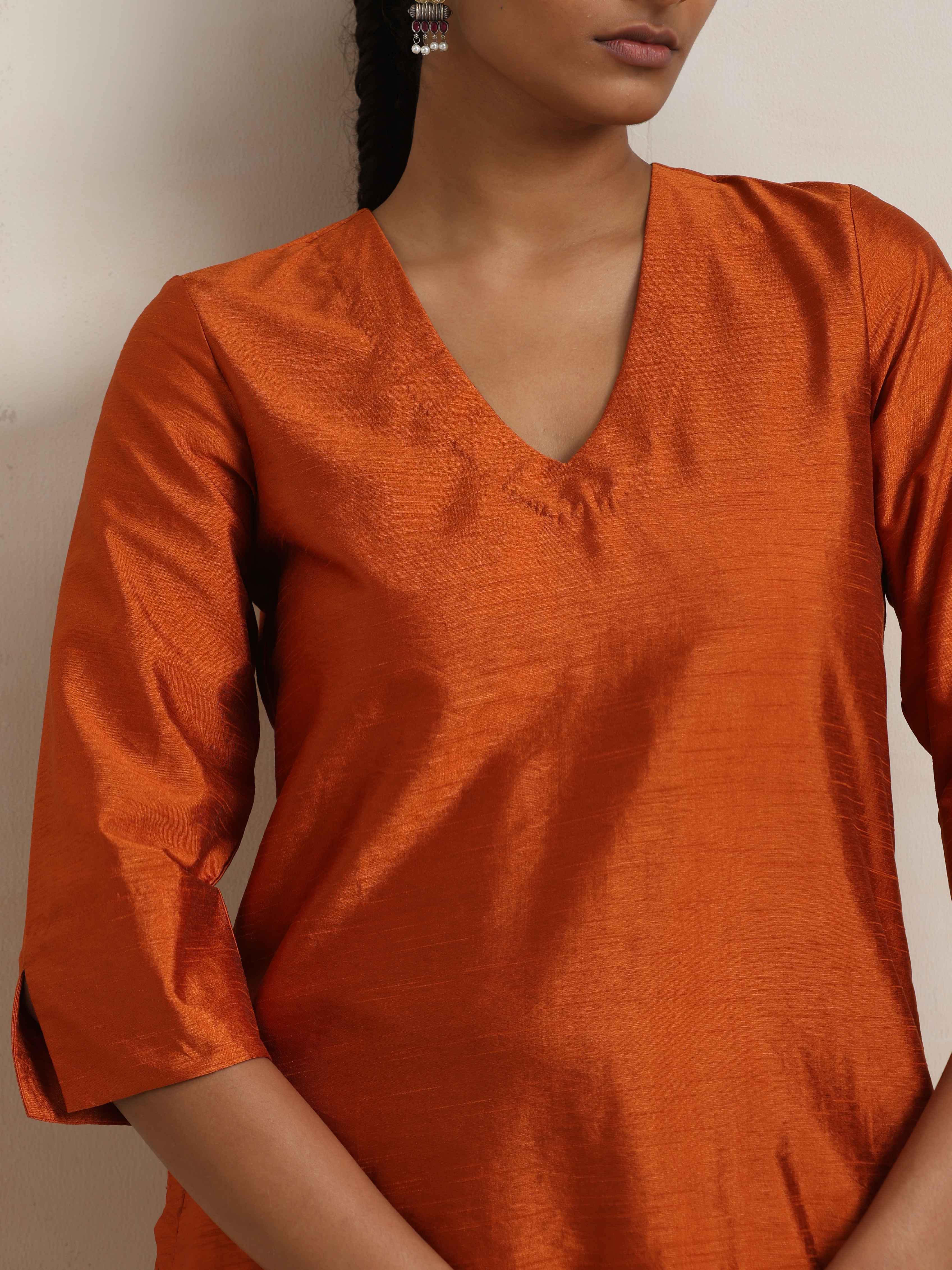 trueBrowns Orange Silk Kurta Co-ord Set | Grocsy