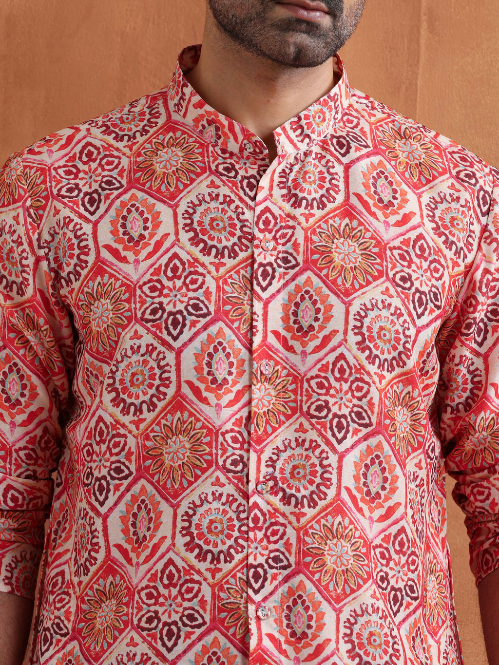 trueBrowns Men's Beige Printed Front Open Kurta | Grocsy