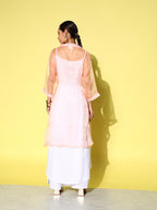 InWeave Women's Cream Strappy Kurta Set With Peach Organza Cape | Grocsy