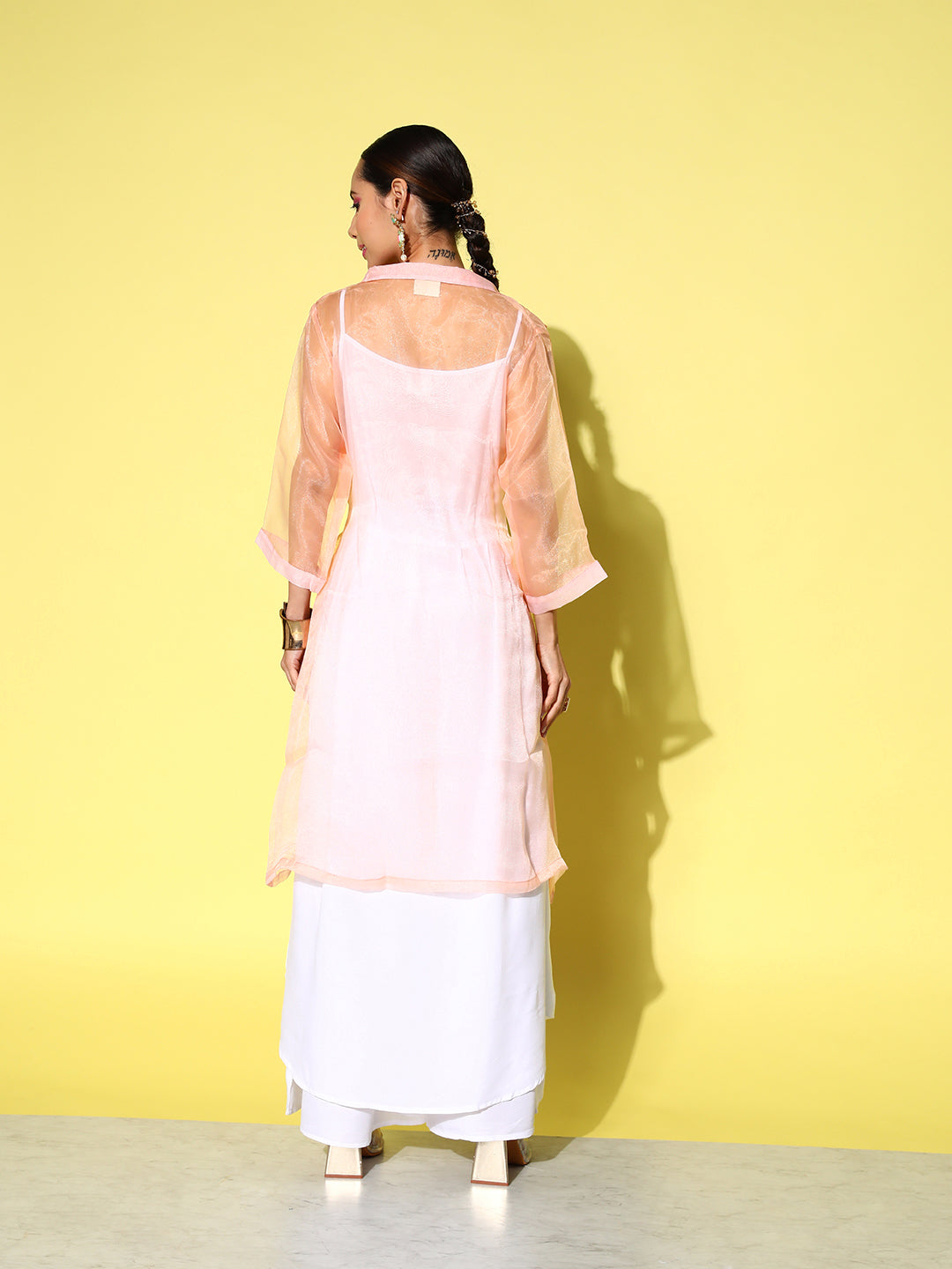 InWeave Women's Cream Strappy Kurta Set With Peach Organza Cape | Grocsy