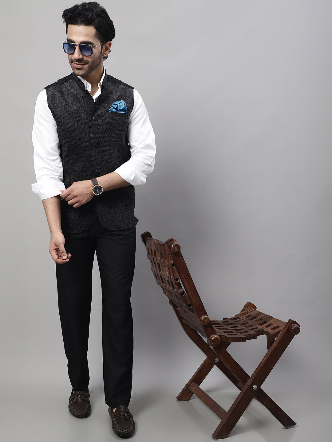 Even Apparels Men's Black Nehru Jacket With Welt Pockets | Grocsy